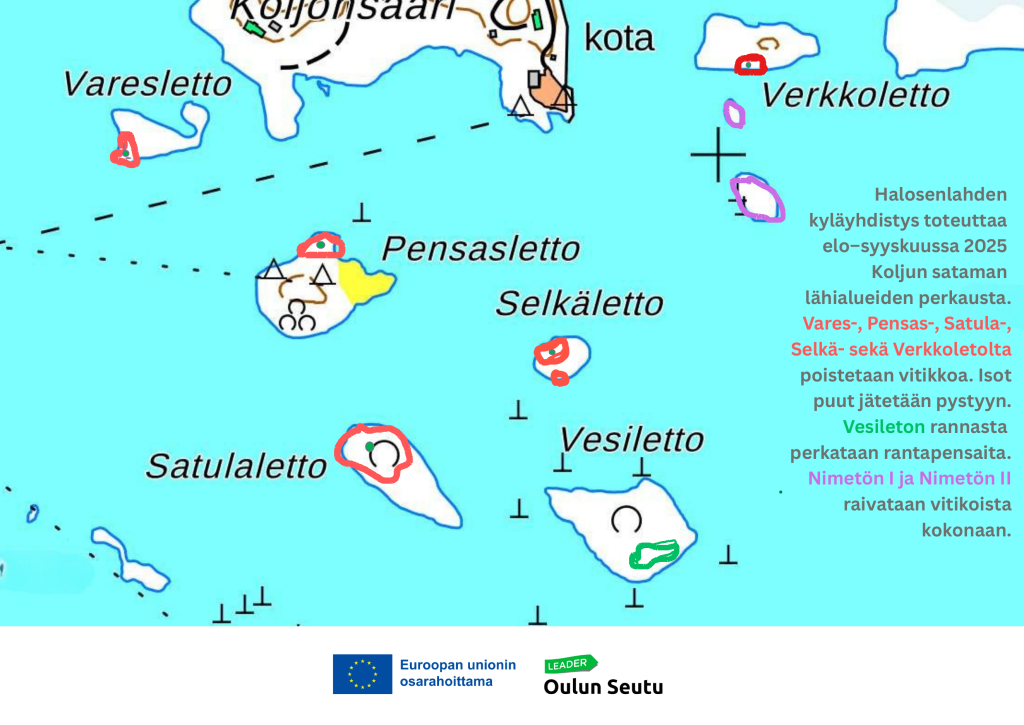 Kartta Koljun sataman lähisaarista ja tulistelupaikoista